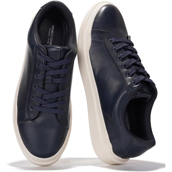 ⚡ Men Navy Faux Leather Memory Foam Insole Lightweight Non Slip Sneaker